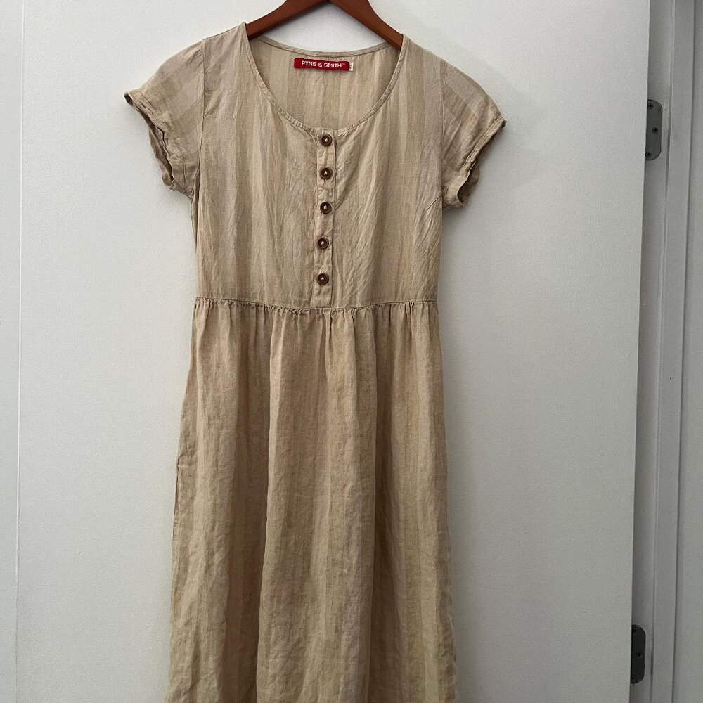 Pyne and Smith biscuit stripe linen dress with buttons XS